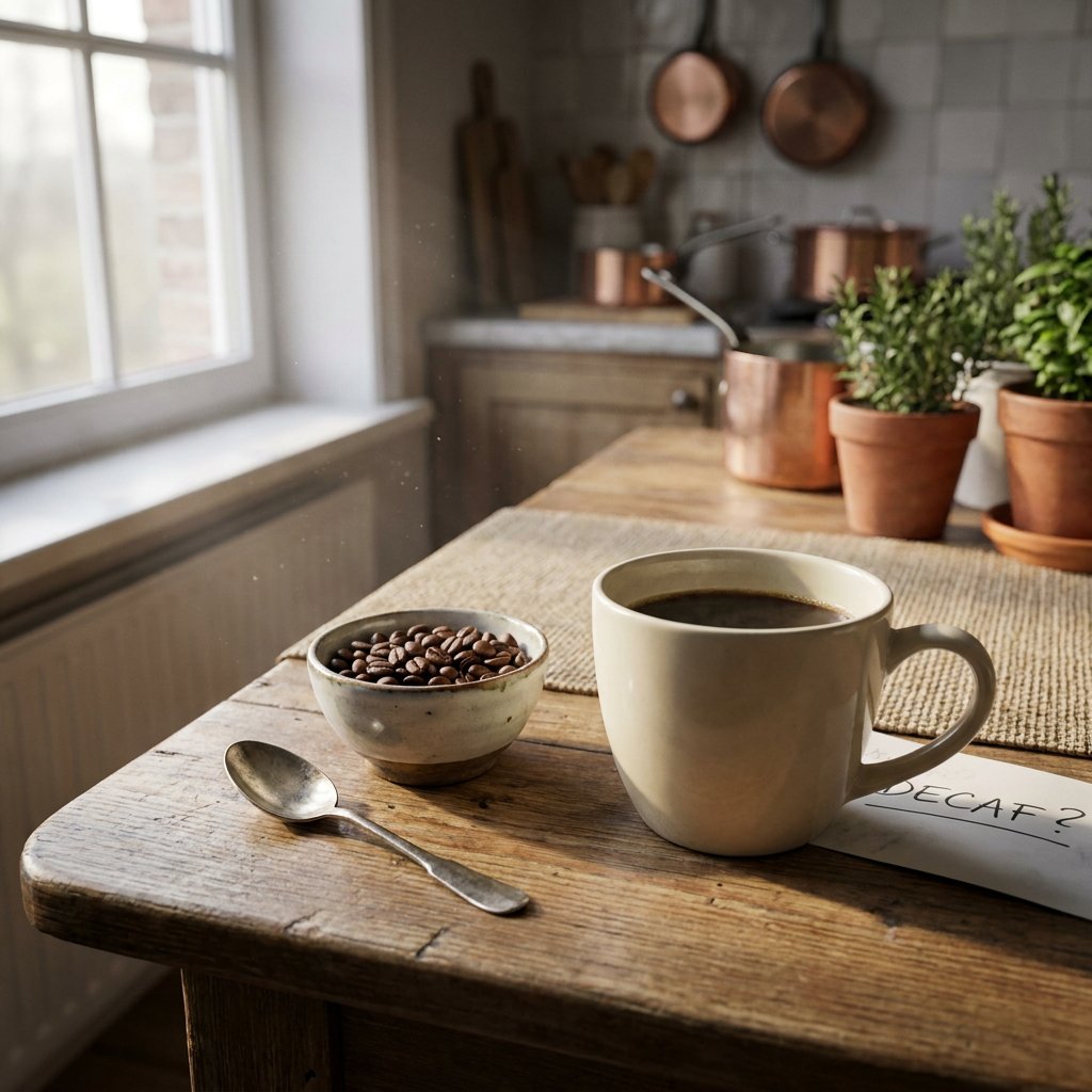 Kop decaf koffie op een houten keukentafel naast koffiebonen en een kleine lepel, vastgelegd in warm ochtendlicht met een rustige, huiselijke sfeer.