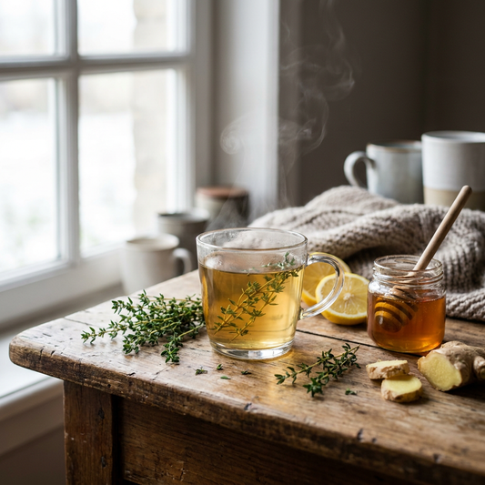 Glazen kop thee met tijm op een houten keukentafel, omringd door verse tijm, citroen, gember en een potje honing in zacht daglicht.