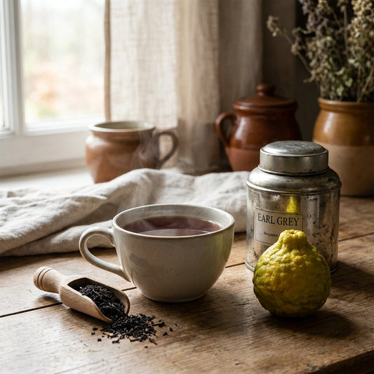 Close-up of a steaming cup of bergamot thee beside loose tea leaves, citrus peel and an Earl Grey tin on a warm wooden table by a window.