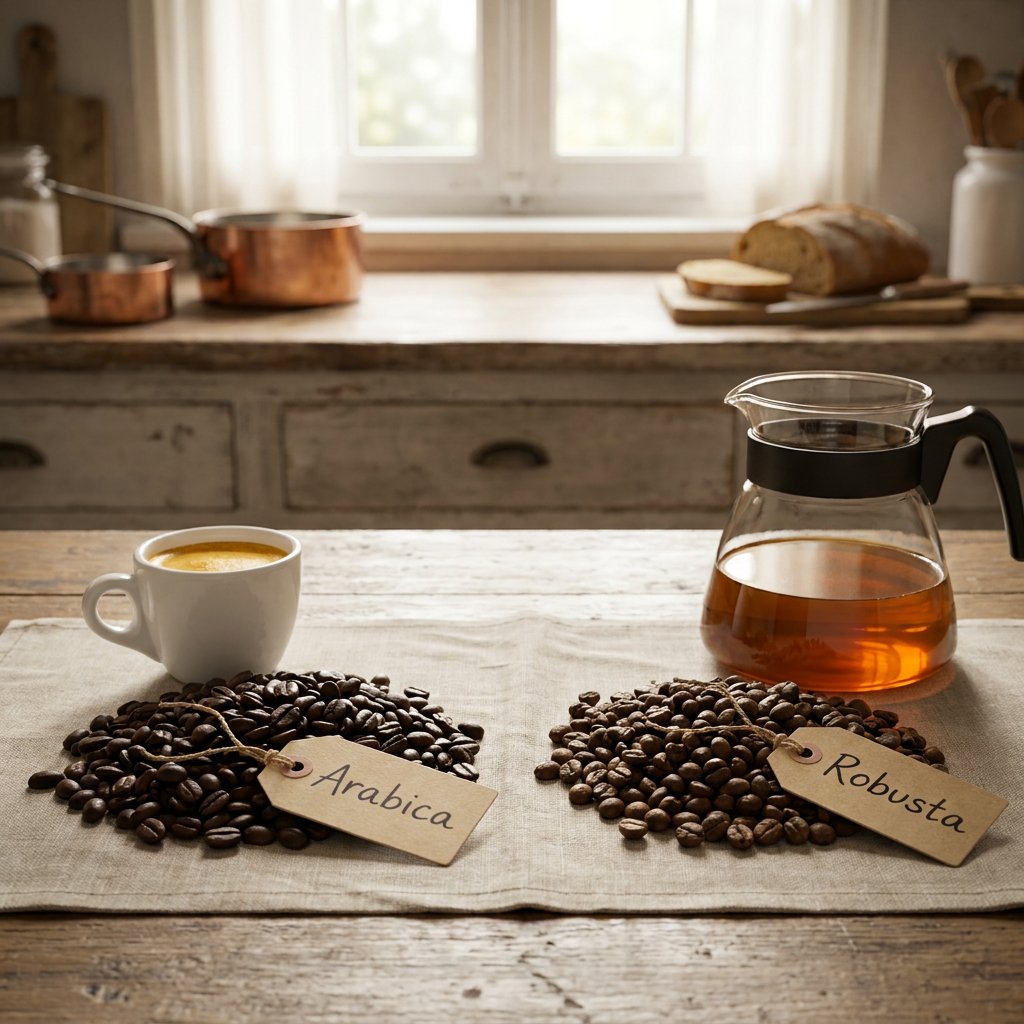 Two piles of arabica and robusta coffee beans sit beside espresso and filter coffee tools on a warm rustic table in soft morning light.