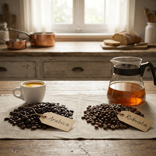 Two piles of arabica and robusta coffee beans sit beside espresso and filter coffee tools on a warm rustic table in soft morning light.