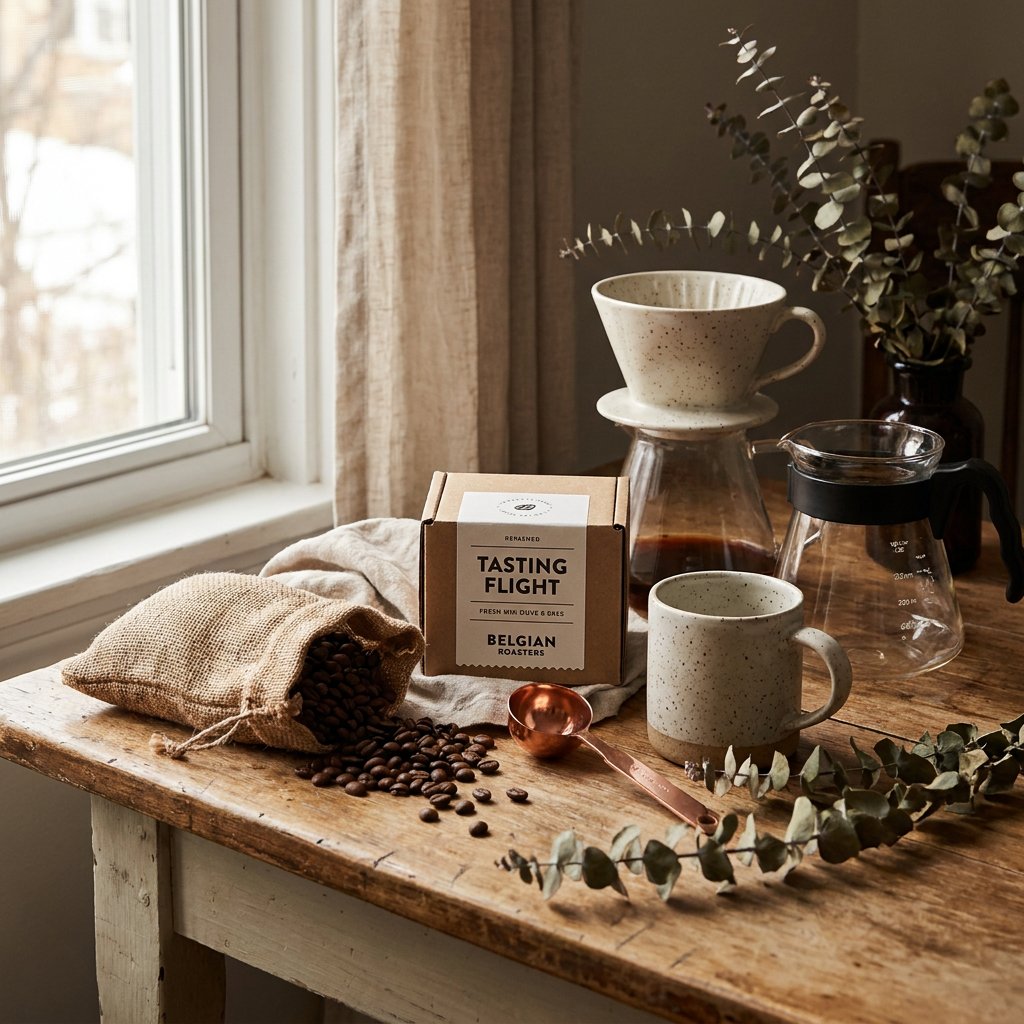 Warm gestylde cadeauset met koffiebonen, proefpakket, mok en handmatige koffietools op een houten tafel in zacht ochtendlicht.
