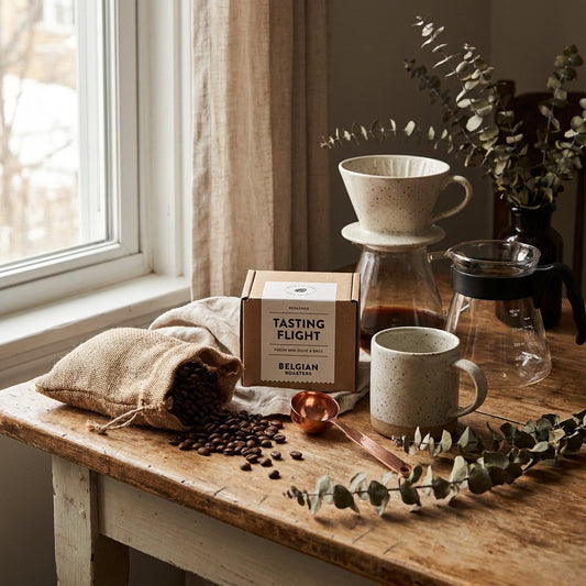 Warm gestylde cadeauset met koffiebonen, proefpakket, mok en handmatige koffietools op een houten tafel in zacht ochtendlicht.