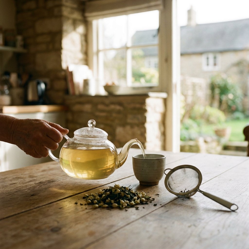 Losse jasmijnthee wordt in een glazen theepot geschonken op een warme houten tafel, met kopje, infuser en zacht ochtendlicht in beeld.