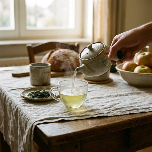 Glazen kopje met lichtgroene sencha op een houten tafel, naast losse theebladeren en een kleine kyusu in zacht ochtendlicht.