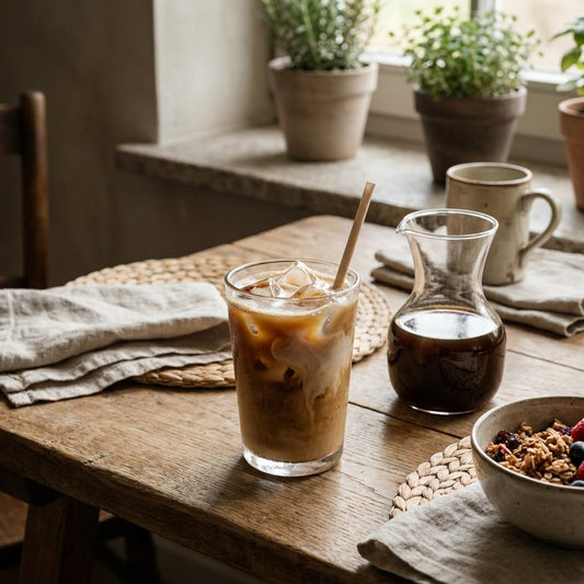 Glas romige ijskoffie met ijsblokjes op een houten tafel, naast een klein kannetje melk en afgekoelde espresso in warm daglicht.