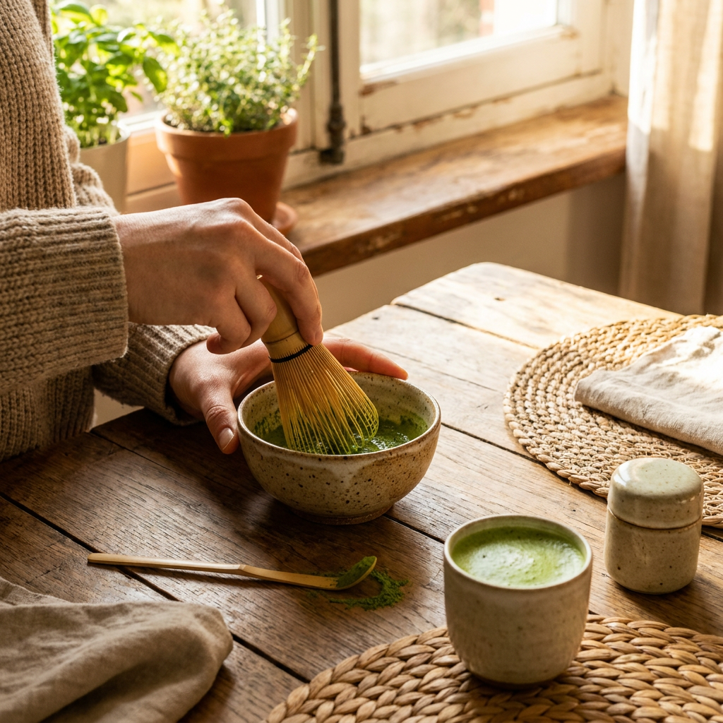 Hand klopt felgroene matcha op in een keramische kom op een houten tafel, met bamboe garde, matcha poeder en zacht daglicht.