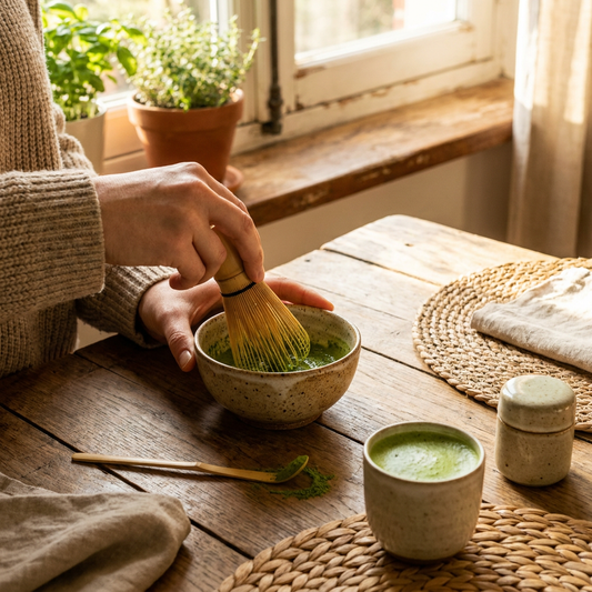 Hand klopt felgroene matcha op in een keramische kom op een houten tafel, met bamboe garde, matcha poeder en zacht daglicht.