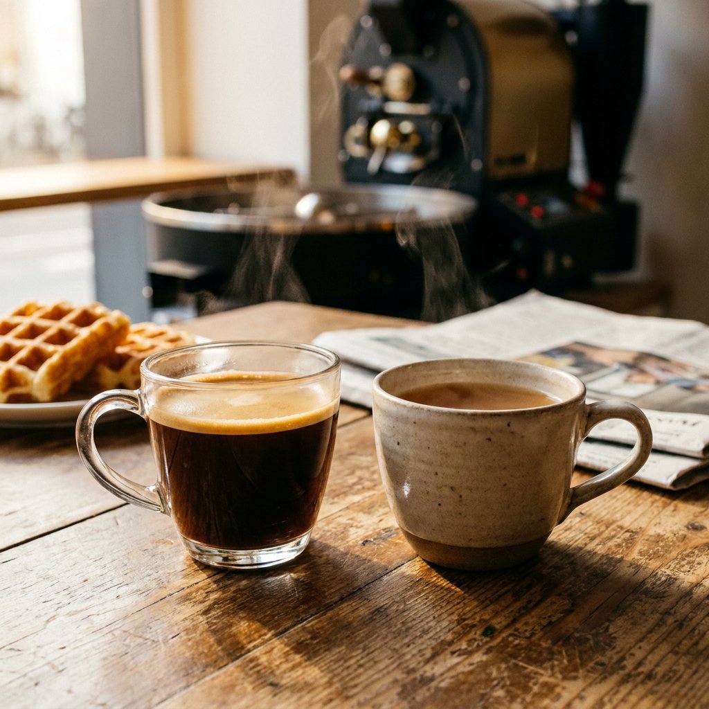 Twee koppen op een houten cafétafel: een americano en filterkoffie naast elkaar, met subtiele crema, warme ochtendgloed en rustige barachtergrond.