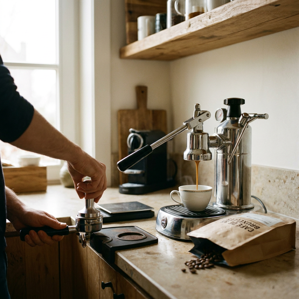 Barista thuis zet espresso met pistonmachine op warm stenen aanrecht, met weegschaal, verse bonen en een kleine kop in zacht ochtendlicht.