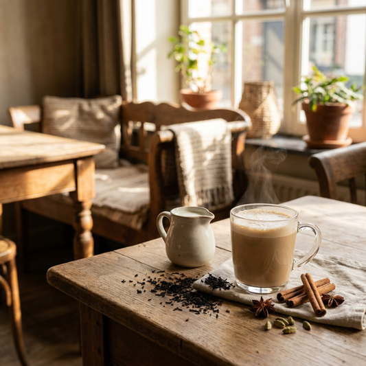 Romige chai latte in glas naast zwarte thee, kaneel en kardemom op houten cafétafel, warm ochtendlicht en rustige Belgische koffiebarsfeer.