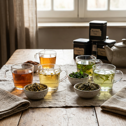 Houten tafel met kopjes rooibos, kamille, munt en verveine naast losse kruiden en theeblaadjes in warm natuurlijk ochtendlicht.