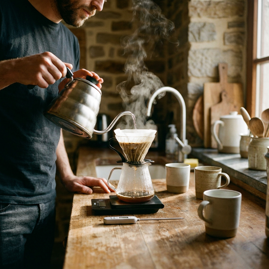 Barista schenkt heet water in een glazen filter op een houten keukenblad, met stoom, weegschaal en thermometer in warm ochtendlicht.