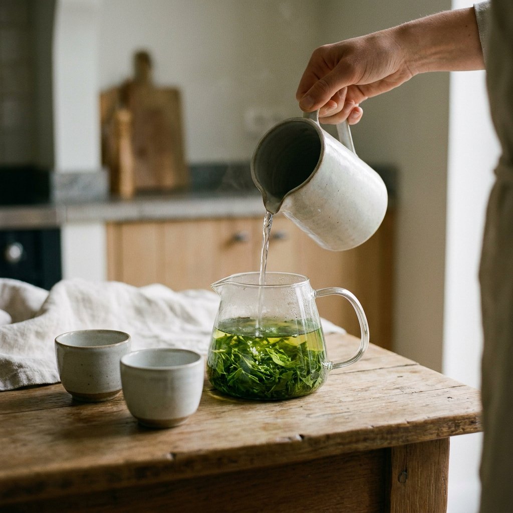 Hand schenkt afgekoeld water in een glazen kyusu met senchabladeren op een warme houten tafel, naast kleine kopjes in zacht daglicht.