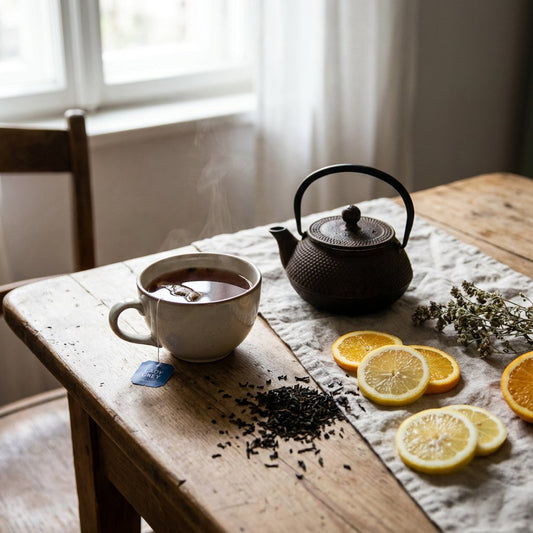 Kopje Lady Grey thee met losse blaadjes, schijfjes citroen en sinaasappel op een houten tafel in zacht ochtendlicht, stijlvol en uitnodigend.