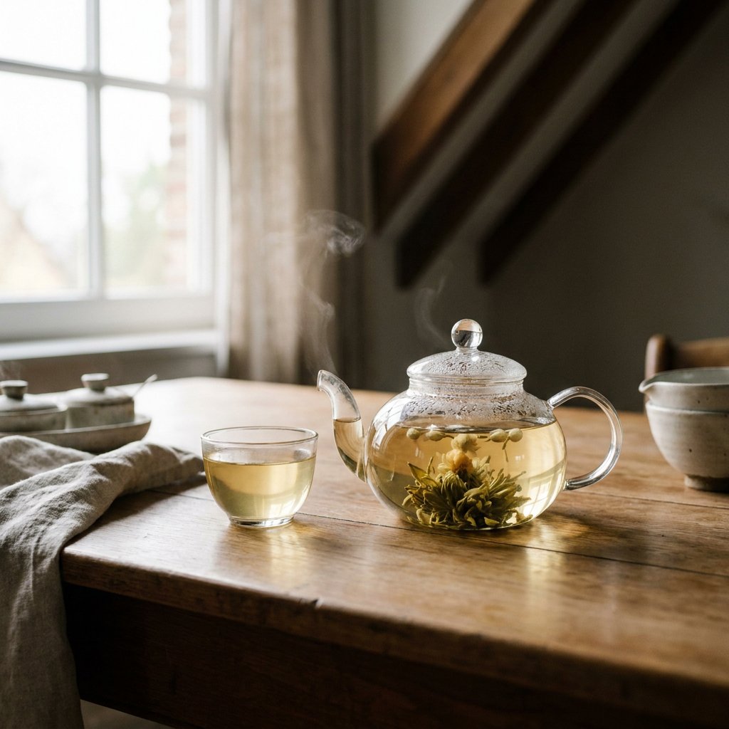 Glazen theepot met openende jasmijnparels en een lichtgouden infusie op een warme houten tafel, naast een klein kopje in zacht daglicht.