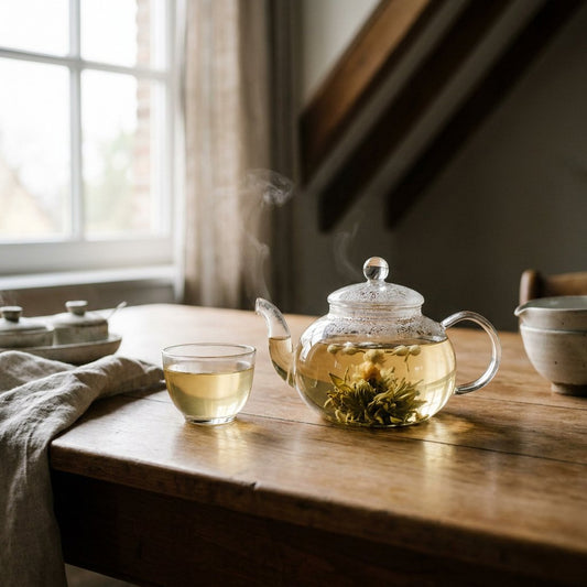 Glazen theepot met openende jasmijnparels en een lichtgouden infusie op een warme houten tafel, naast een klein kopje in zacht daglicht.