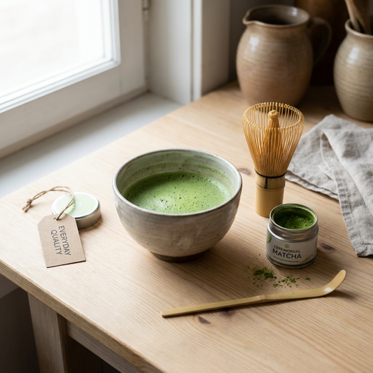 Kom met helder groene ceremoniële matcha op een houten tafel, naast een bamboe klopper en matchakom in zacht natuurlijk licht.