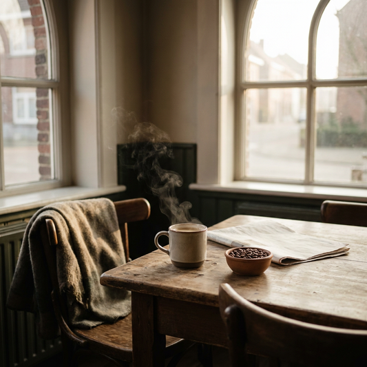 Freshly brewed decaf koffie in a ceramic cup on a wooden café table, with coffee beans, soft steam and warm morning light in a calm Belgian setting.