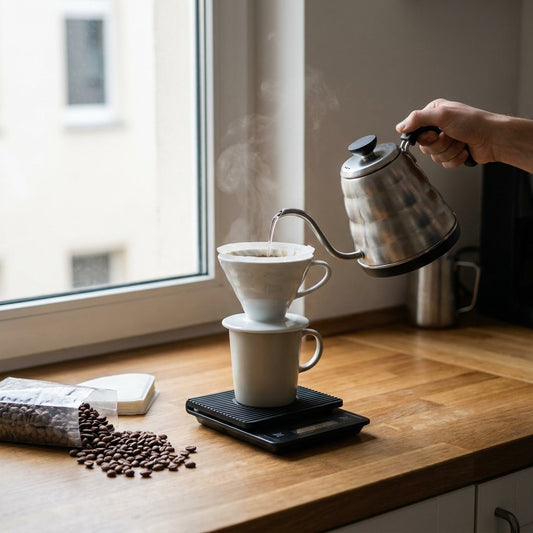 Hand giet heet water uit een gooseneck-ketel over een V60-dripper op mok en weegschaal; stoom stijgt op, bonen en filters op houten aanrecht bij raamlicht.