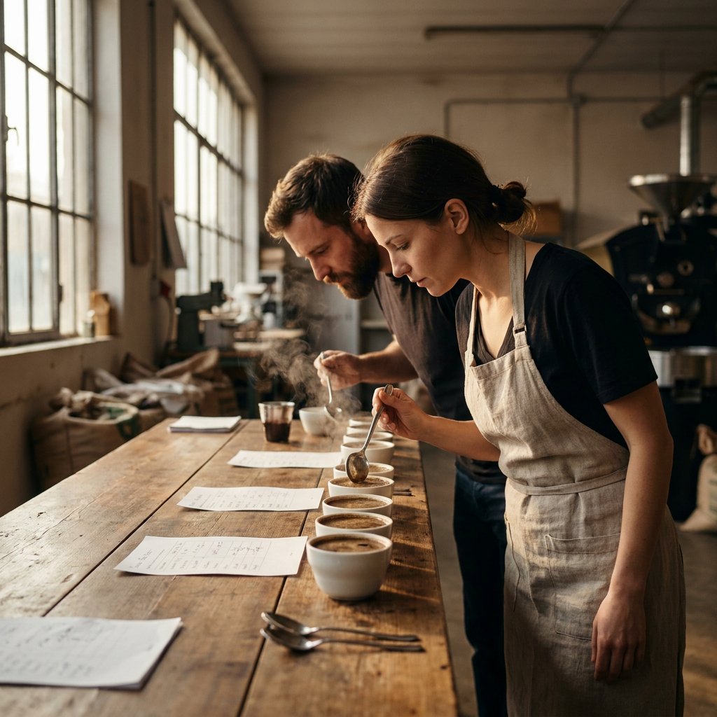 Rij cuppingkommen met koffies en lepels op een houten tafel; twee proevers ruiken de breuk van de korst. Zacht ochtendlicht, stoom en notitiekaarten.